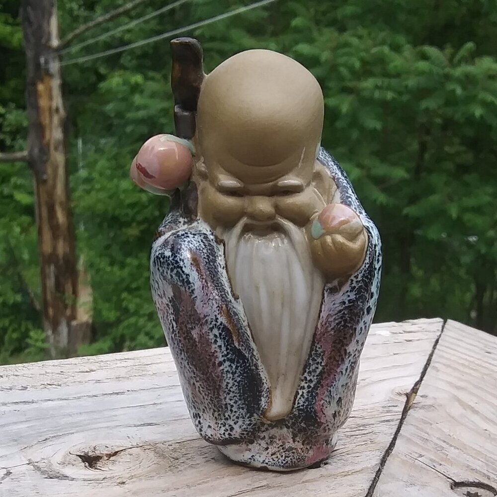Vintage Chinese God of Longevity Immortal Shou Lao Mudman Clay Figurine peach